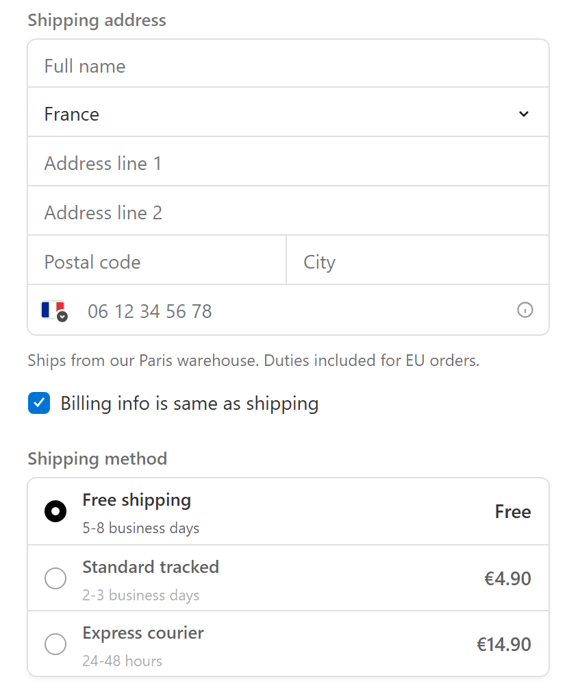 The shipping address and the store's carriers with their prices, in the Tchentchen checkout.