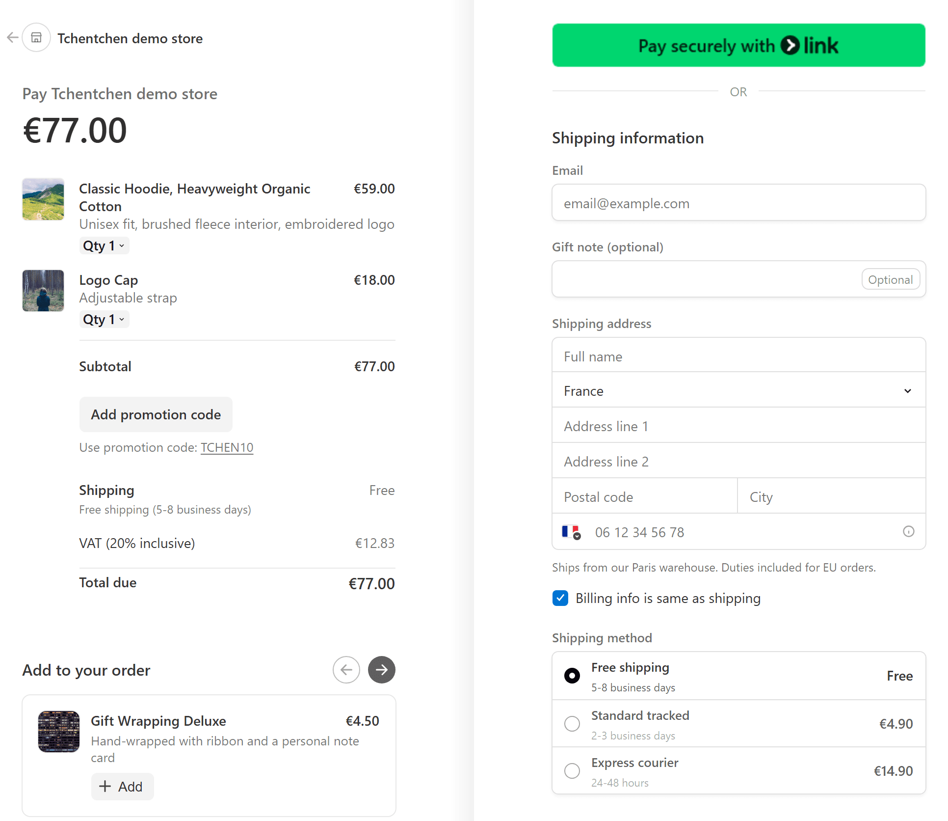 The Tchentchen checkout on a store page: order summary with an upsell, Link express button, shipping address and the store's carriers.