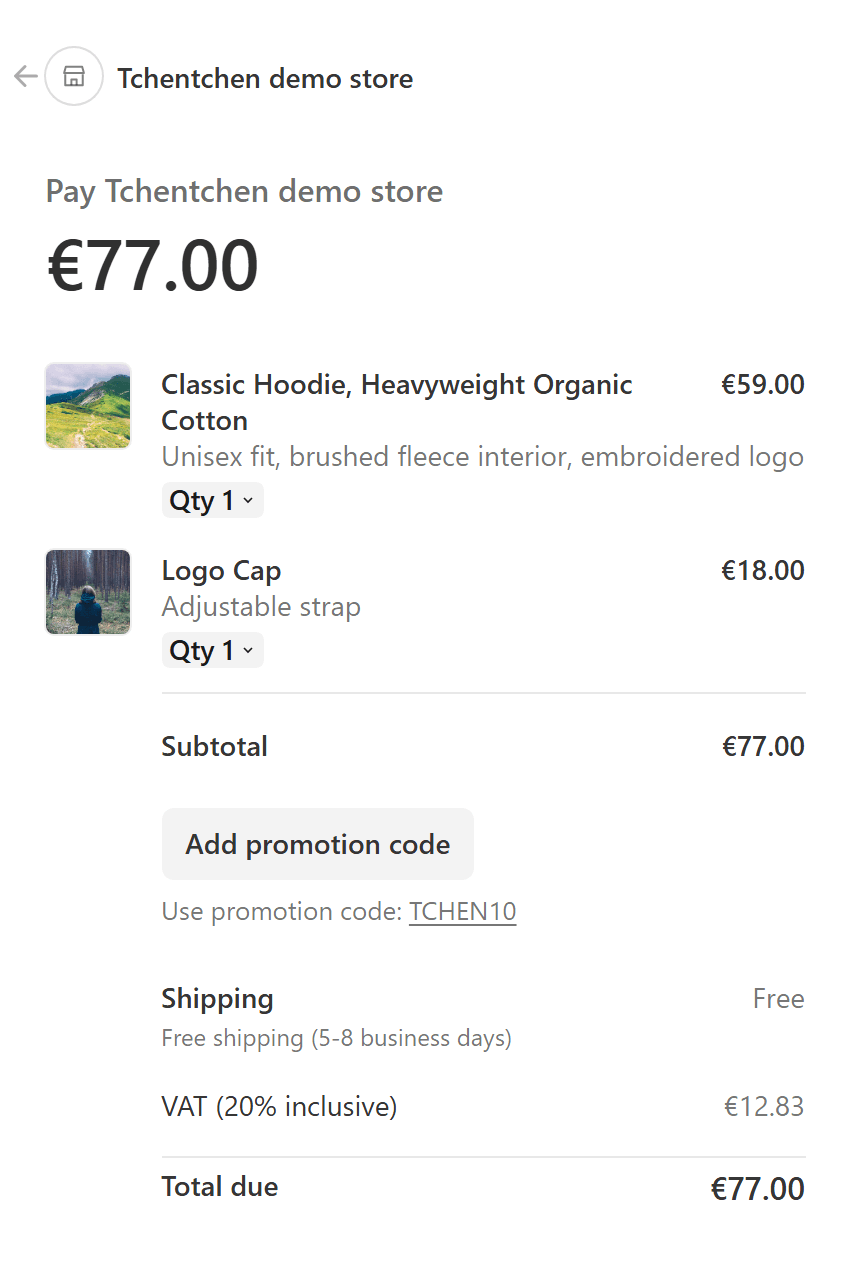 The order summary of the Tchentchen checkout, on the store's own address.